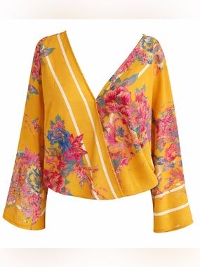 🌼 Flying Tomato Mustard Floral Wrap Top | Boho Bell Sleeve Blouse M